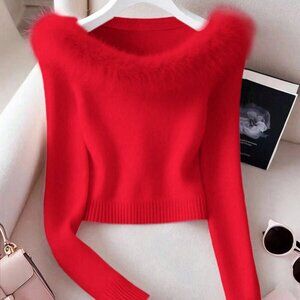 Red Women's Patchwork Fuzzy Trim Collar Fitted Long Sleeve Sweater